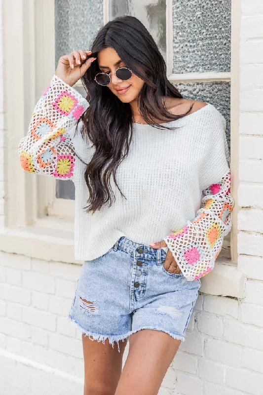 Something To Tell Ivory Bright Multi Crochet Sleeve Sweater