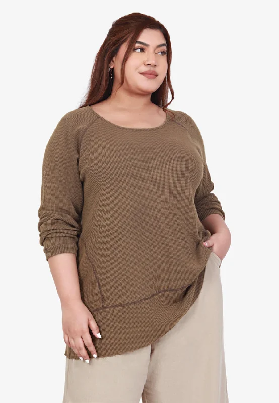 Rucia Scoop Neck Cosy Waffle Top - Khaki Green