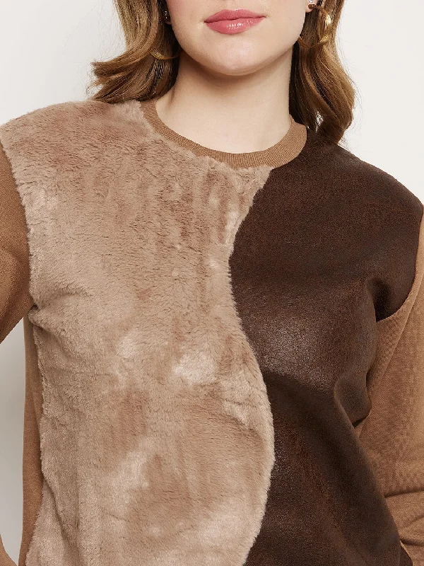 Madame Brown Fleece and Faux Leather Colourblocked Sweatshirt