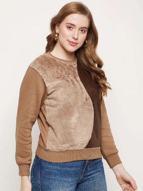 Madame Brown Fleece and Faux Leather Colourblocked Sweatshirt