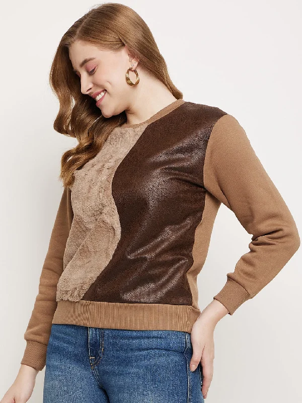 Madame Brown Fleece and Faux Leather Colourblocked Sweatshirt