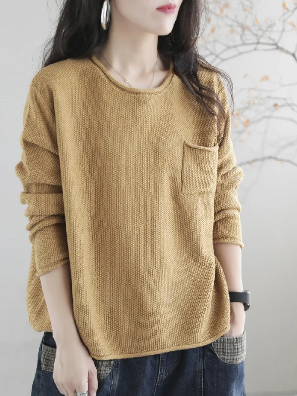 Women Knitted Small Pocket Solid Color Casual Loose Retro Sweater Top