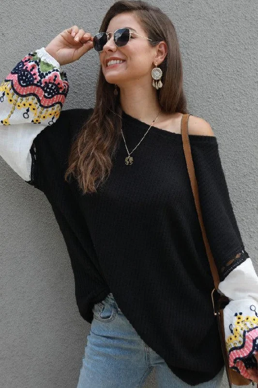 Women's Oversized Black Balloon Sleeve Dolman Style Sweater Top