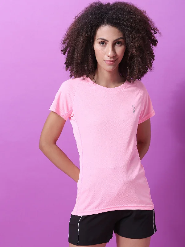 Campus Sutra Solid Women Round Neck Pink Sports Jersey T-Shirt