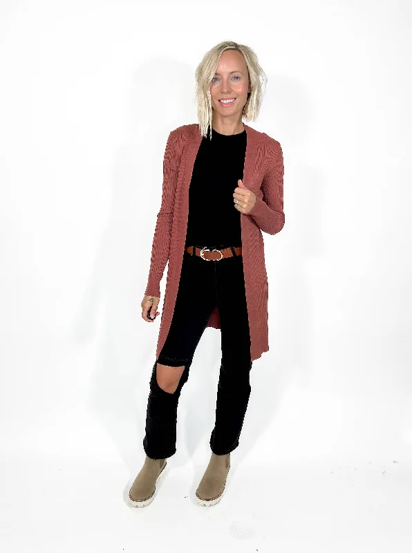 Classic Ribbed Duster Cardigan- MARSALA