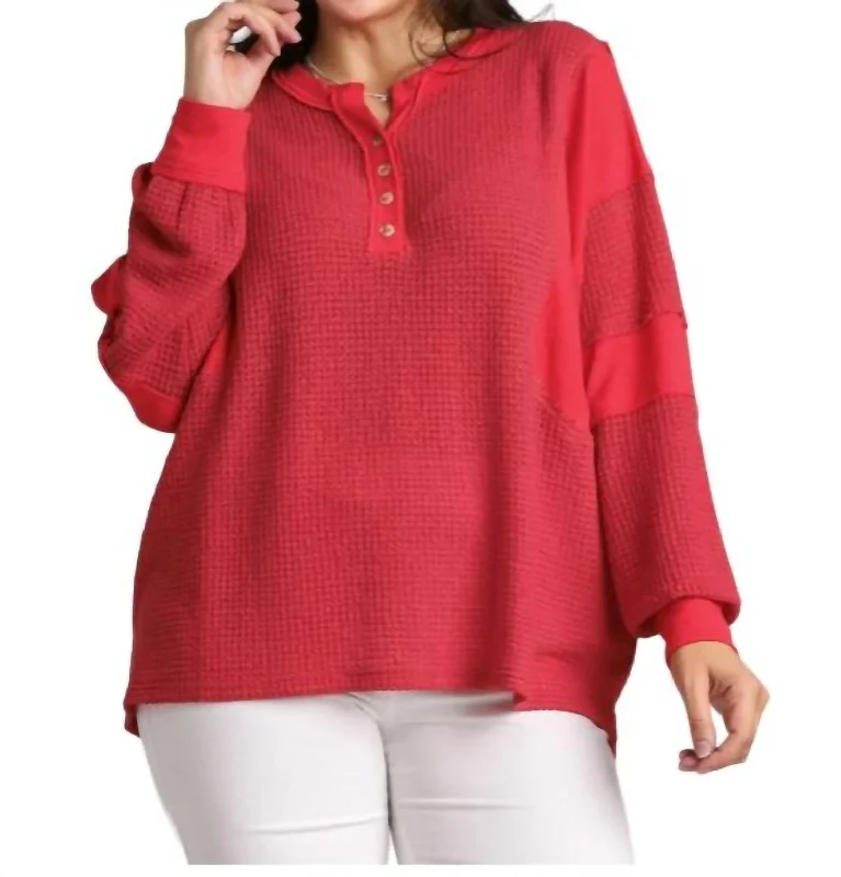 Henley Waffle Knit Tunic Top In Red