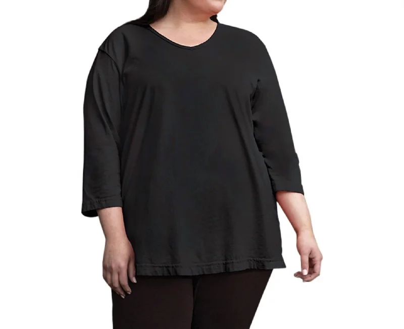 Jersey 3/4 Sleeve V-Neck Tee - Plus In Black