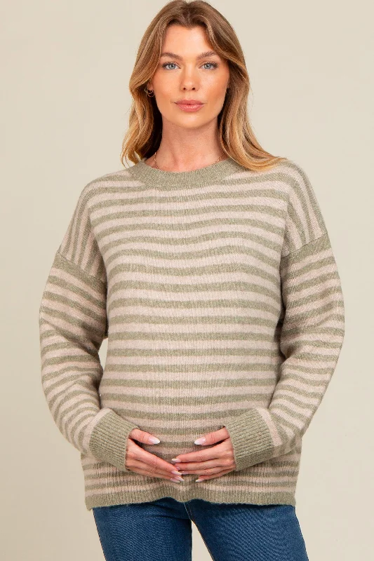 Light Olive Striped Drop Shoulder Maternity Sweater