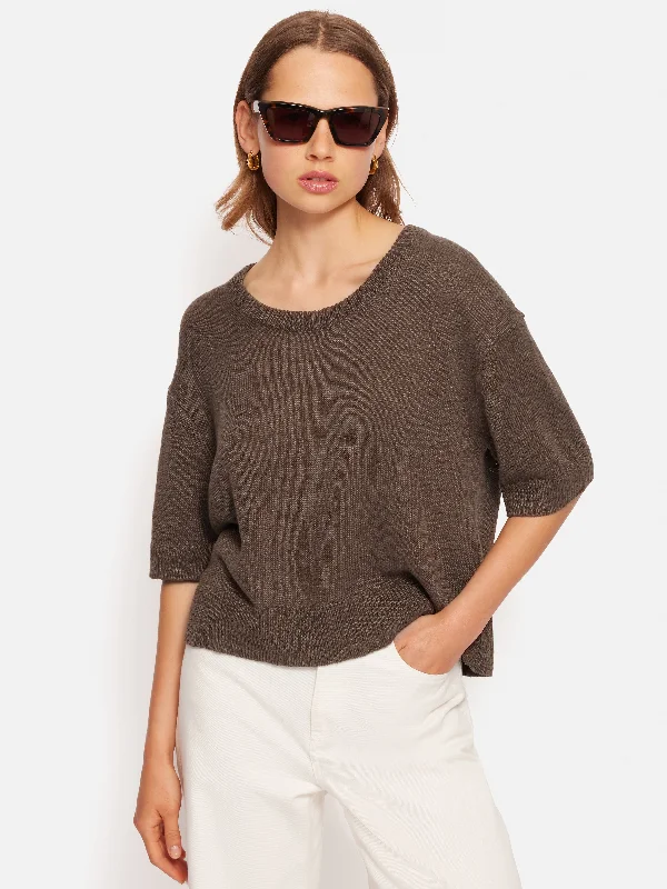 Linen Scoop Neck Knitted T-Shirt | Brown