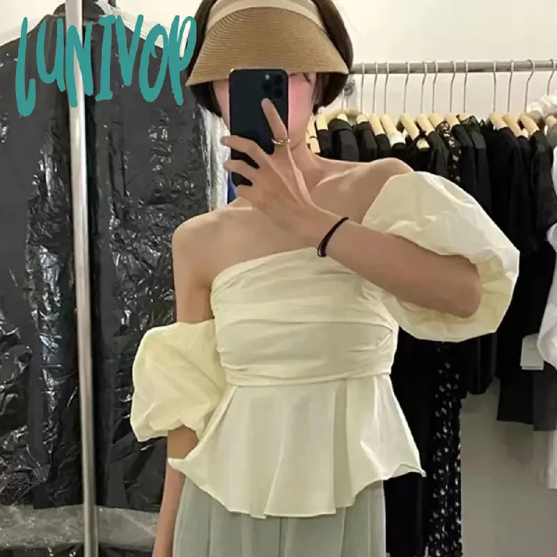 Lunivop Summer Blouse Female French Vintage Temperament Blusa Slash Neck Sexy Off Shoulder Waist Slim Puff Sleeves Short Shirts