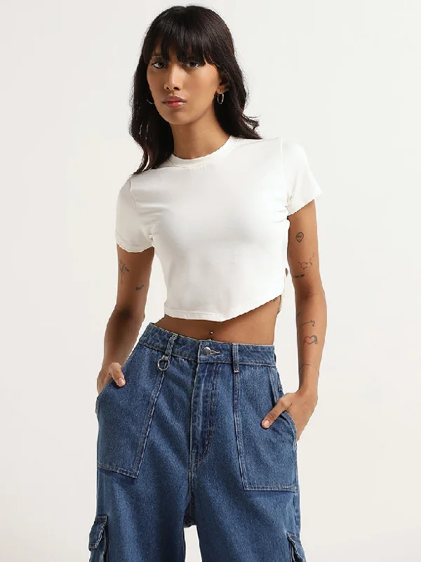 Nuon Solid White Cotton Blend Crop T-Shirt