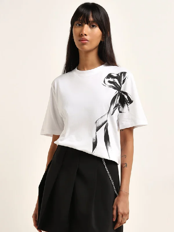 Nuon White Bow Printed Cotton T-Shirt