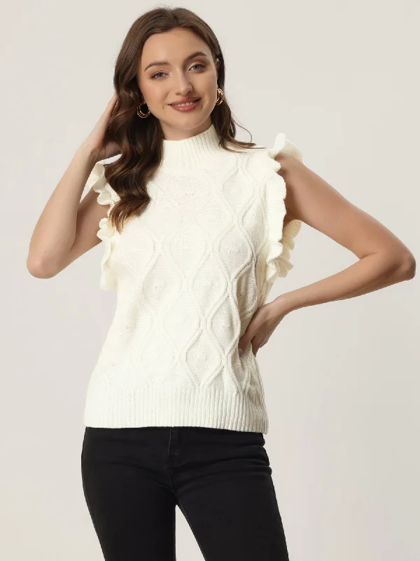 Ruffled Sleeve Mock Neck Casual Cable Knit Pullover Sweater Vest