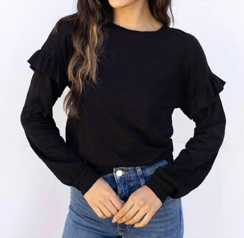 Ruffle Sleeved Crew Neck Top In Black