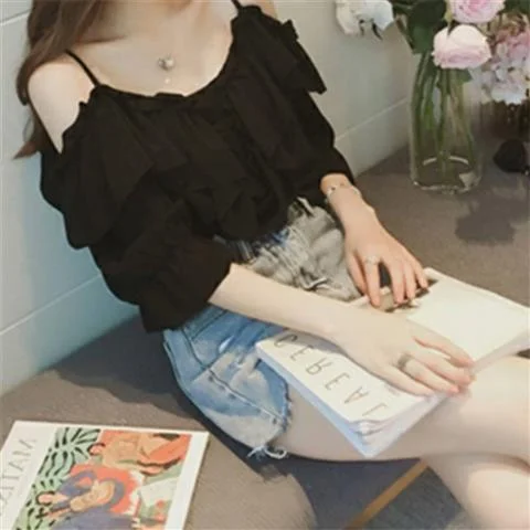 Ruffle Youth Elegant Blouses Tops Women Fashion Low Cut Blouse Summer Chiffon Shirt Pretty Bebeautiful Clothes