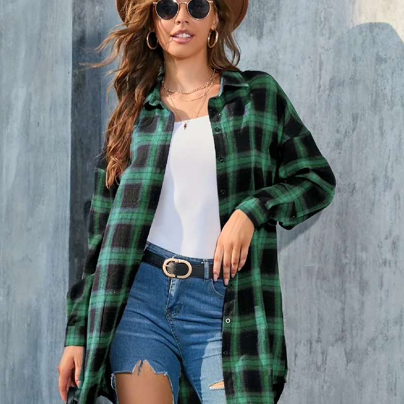 Sixsr Plus Size Casual Coat, Women's Plus Plaid Print Long Sleeve Polo Neck Button Up Shirt Coat