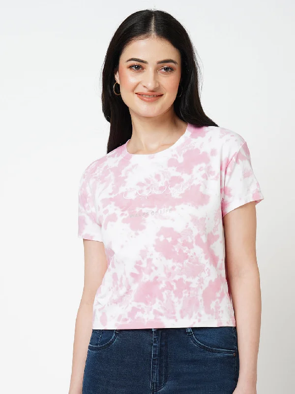 Women Pink Tie & Dye Short Sleeves T-shirt