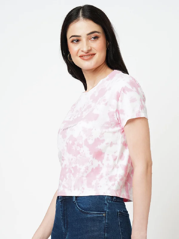 Women Pink Tie & Dye Short Sleeves T-shirt