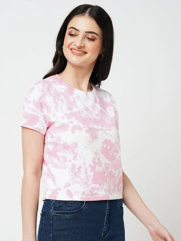 Women Pink Tie & Dye Short Sleeves T-shirt