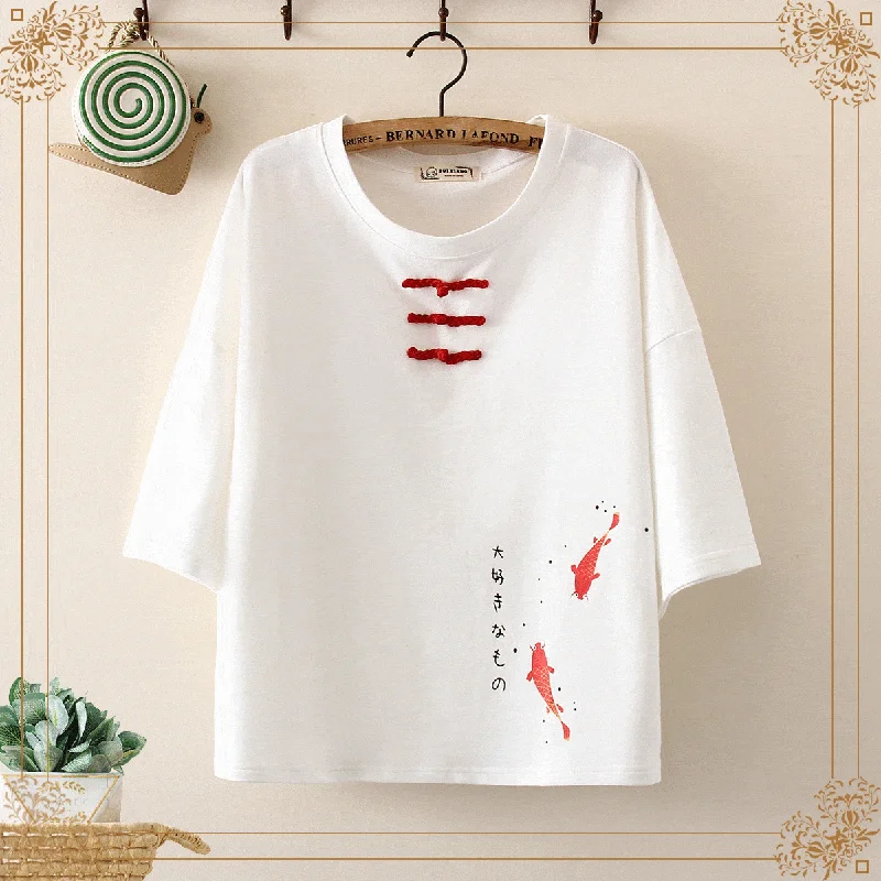 Women's Harajuku Fishes Printed Plate buttons Tees