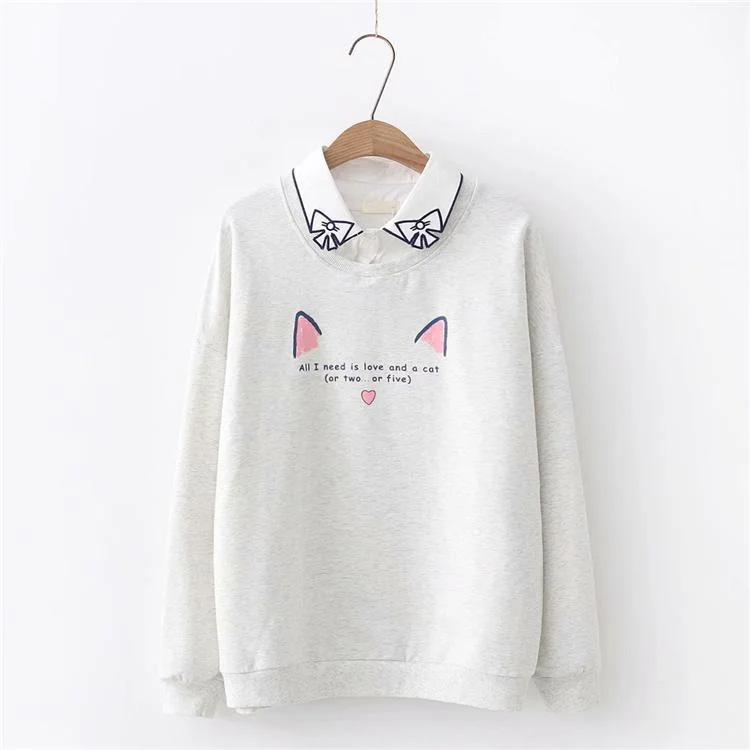 Women's Sweet Cat Bowknot Printed Loose Sweaters