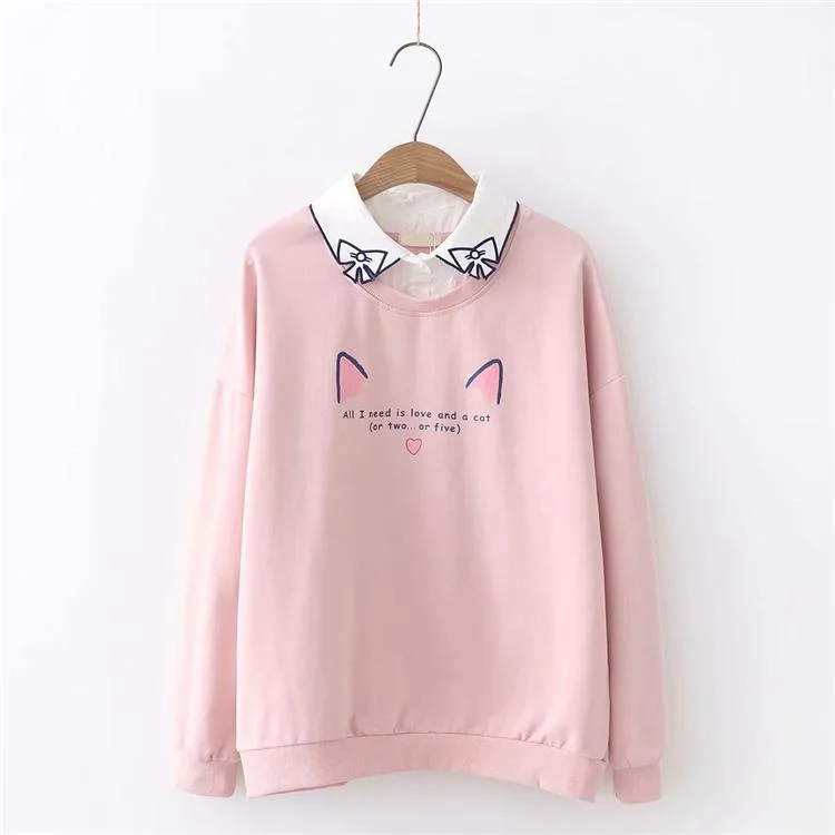 Women's Sweet Cat Bowknot Printed Loose Sweaters