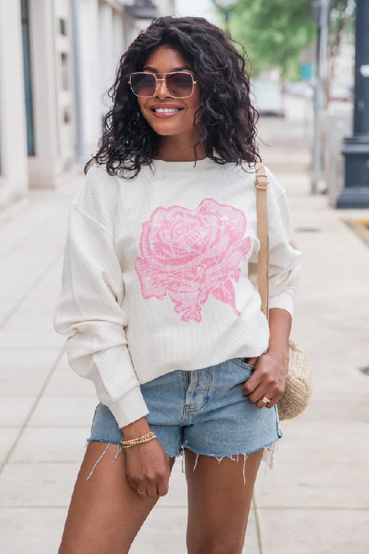 Distressed Rose Ivory Corded Graphic Sweatshirt