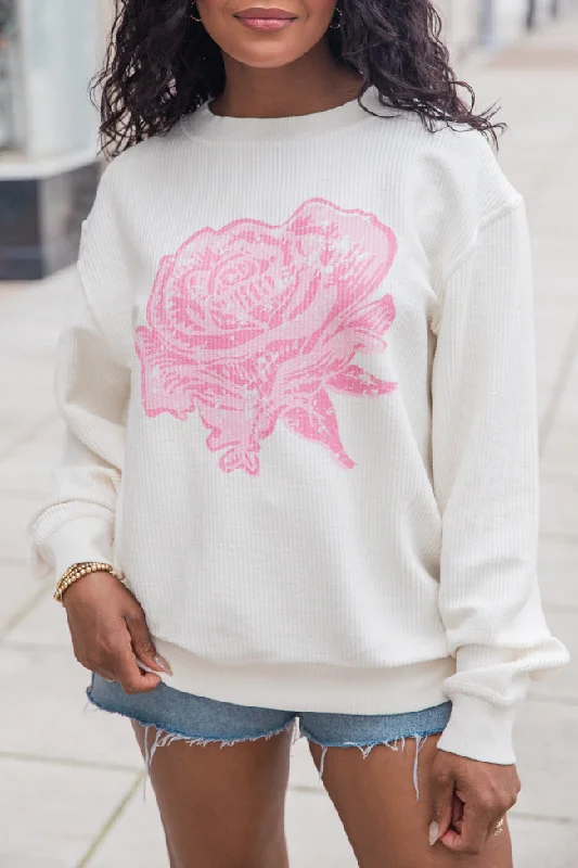 Distressed Rose Ivory Corded Graphic Sweatshirt