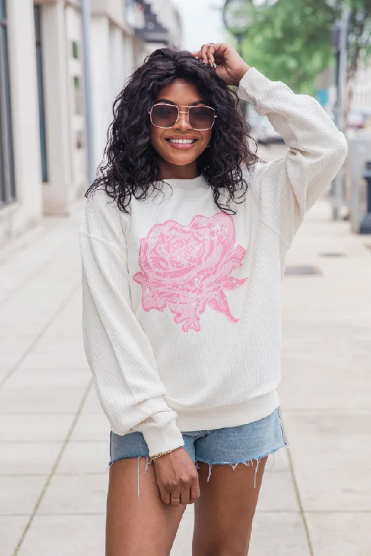 Distressed Rose Ivory Corded Graphic Sweatshirt