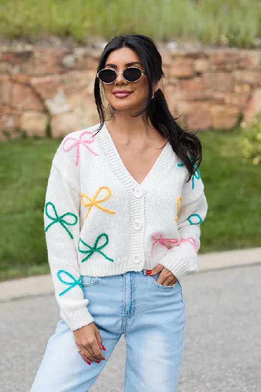 Sittin' Pretty Ivory Multi Bow Applique Cardigan