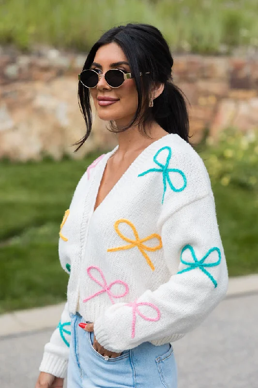 Sittin' Pretty Ivory Multi Bow Applique Cardigan