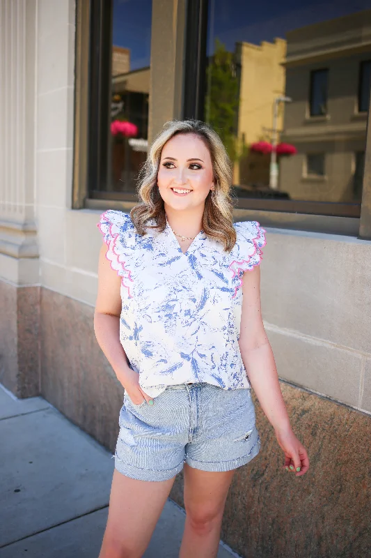 Blue with Pink Embroidery Sleeve Top | Boutique Elise | Cami