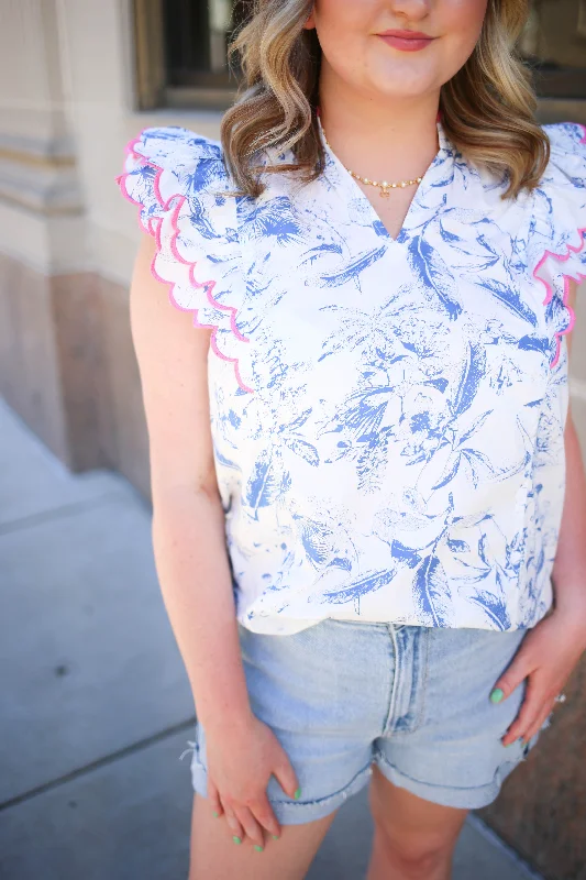 Blue with Pink Embroidery Sleeve Top | Boutique Elise | Cami