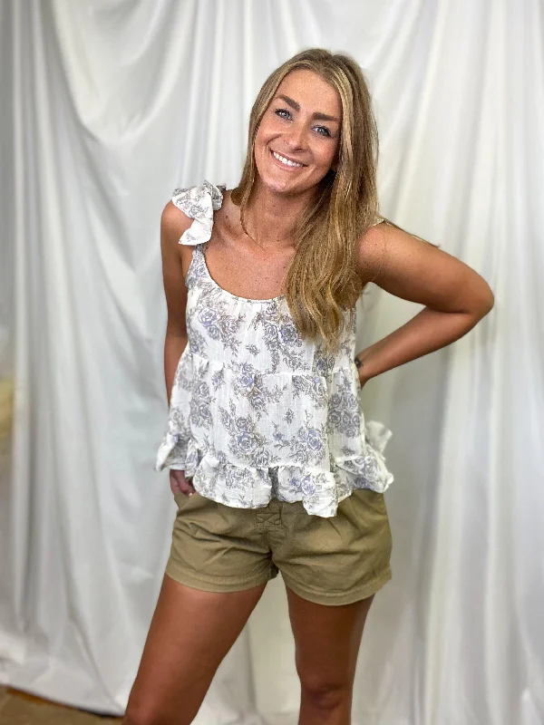 Ivory Floral Tiered Ruffle Hem Flutter Sleeve Top