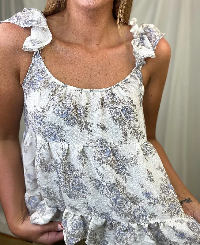 Ivory Floral Tiered Ruffle Hem Flutter Sleeve Top