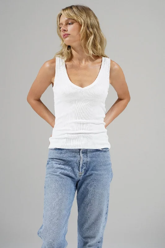 Ribbed V Slim Tank - White