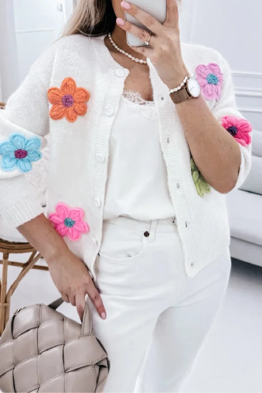 White Cute Flower Pattern Button-Up Cardigan