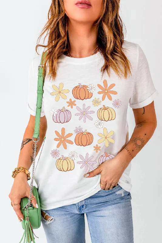 White Floral Pumpkin Graphic Crewneck T Shirt