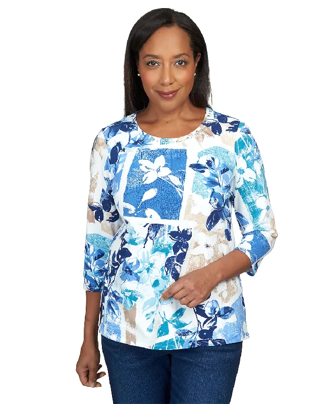 Alfred Dunner Key Item Blue Floral Patchwork Knit Top