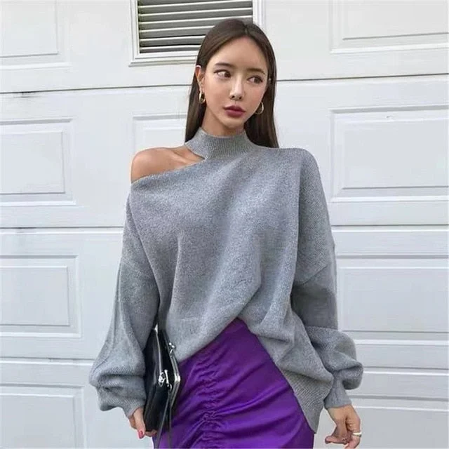 Alien Kitty Halter Bare Shoulders Knitted Office Ladies Winter Autumn Loose Irregular Casual Elegant High Street Sweaters Tops