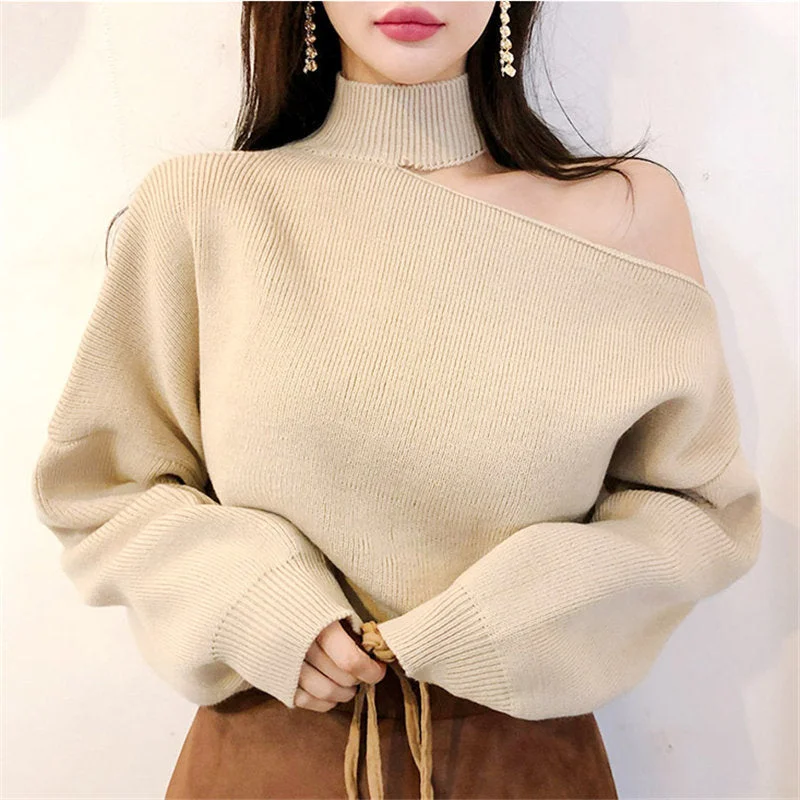 Alien Kitty Halter Bare Shoulders Knitted Office Ladies Winter Autumn Loose Irregular Casual Elegant High Street Sweaters Tops