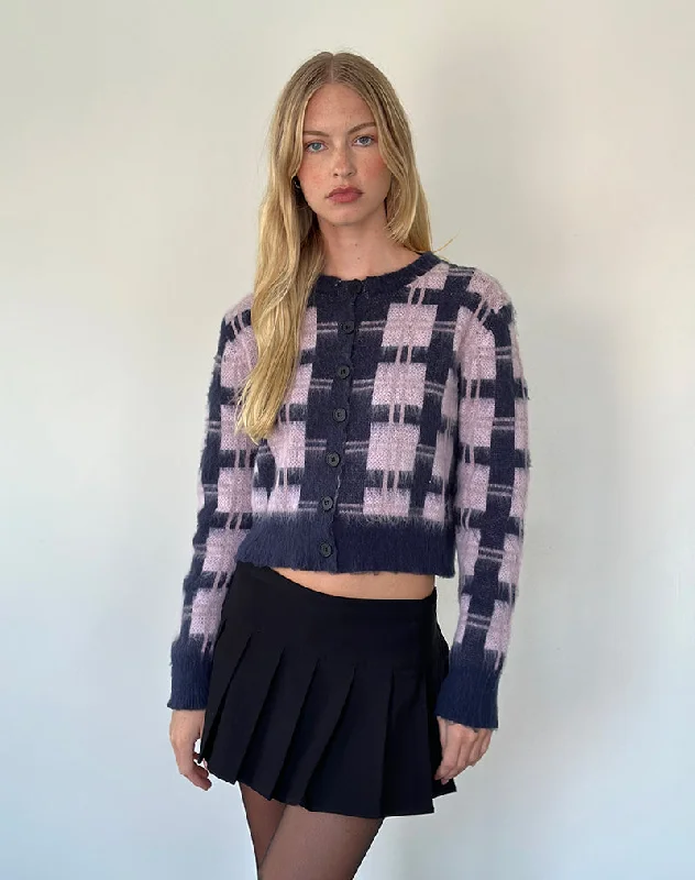 Anzio Button Up Cardi In Multi Check Navy and Pink