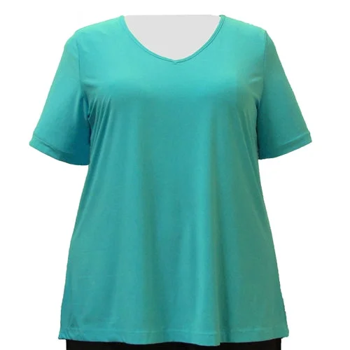 Aqua Short Sleeve V-Neck Pullover Top Women's Plus Size Top