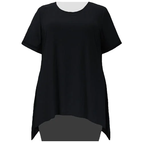 Black Short Sleeve Round Neck Sharkbite Hem Pullover Top Women's Plus Size Top