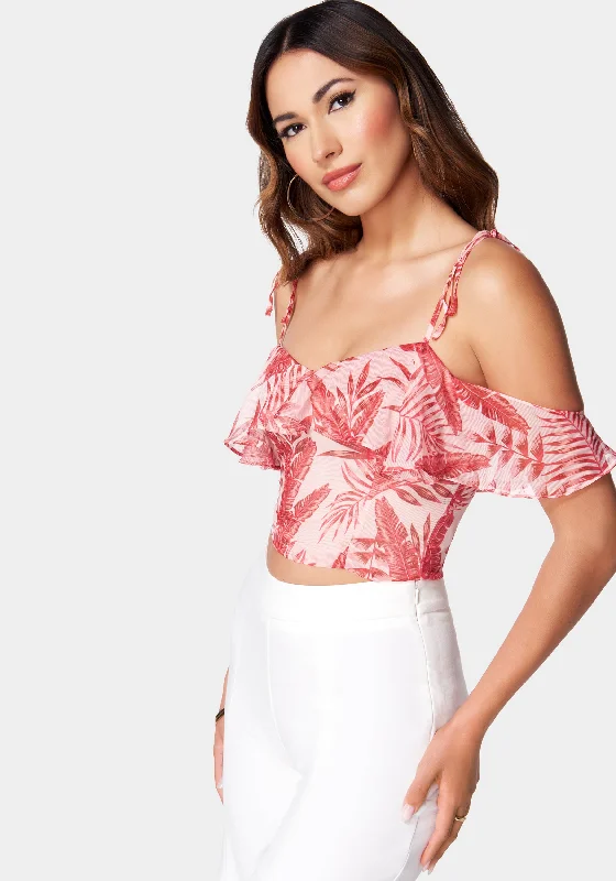 Cold Shoulder Spaghetti Strap Ties Ruffle Top