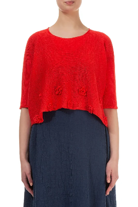 Flowers Decorated Red Linen Jumper