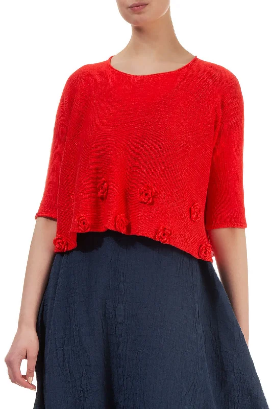 Flowers Decorated Red Linen Jumper