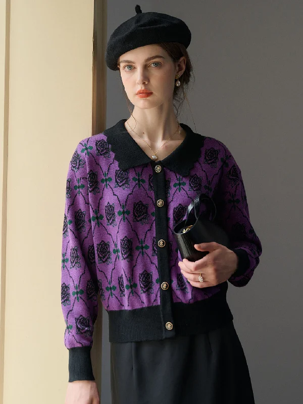 Hannah Floral Pattern Contrast Trim Cardigan-Purple