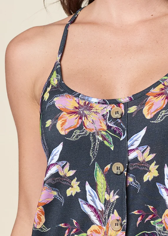 Button detail floral tank - Black Multi