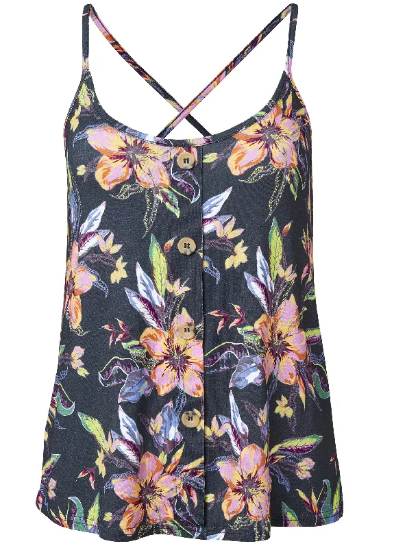 Button detail floral tank - Black Multi